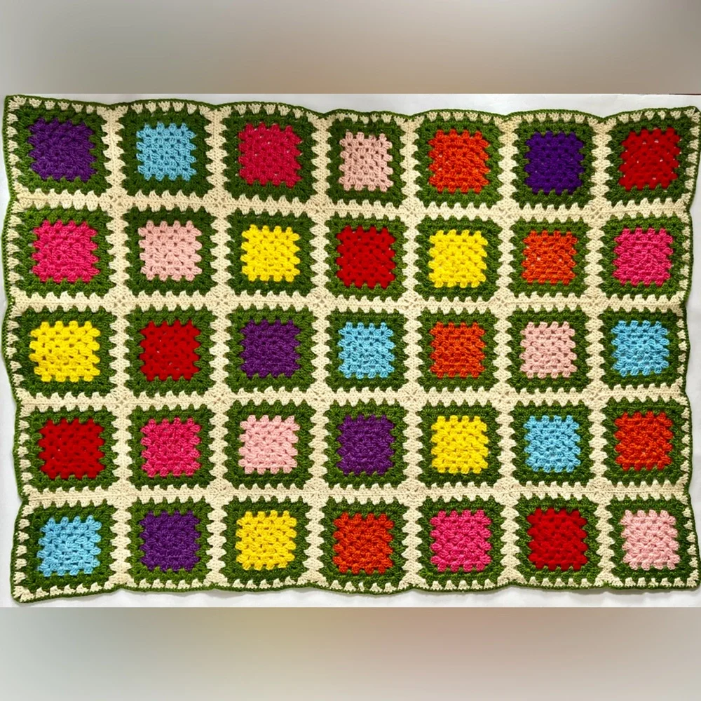 Handmade Crochet Green Multicolor Granny Square Afghan Throw Blanket